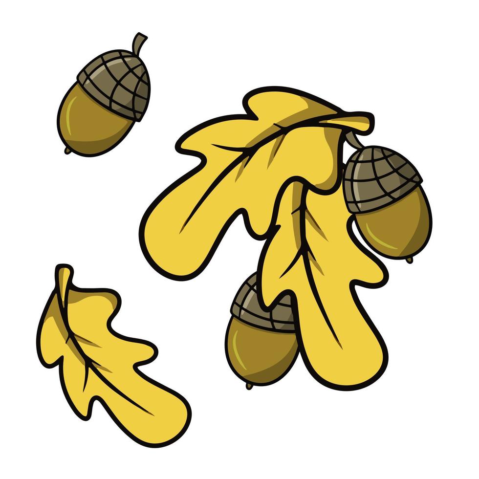 eine Reihe farbiger Symbole, gelbe Eichenblätter und reife Eicheln, Vektorillustration im Cartoon-Stil auf weißem Hintergrund vektor