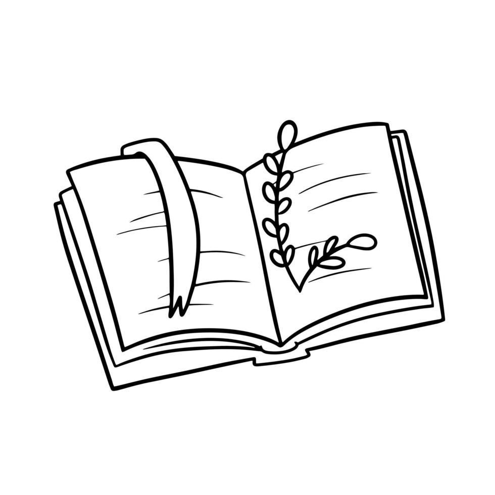 monochrome Illustration, ein offenes Buch mit einem Lesezeichen und einem Herbstzweig, Vektor im Cartoon-Stil auf weißem Hintergrund