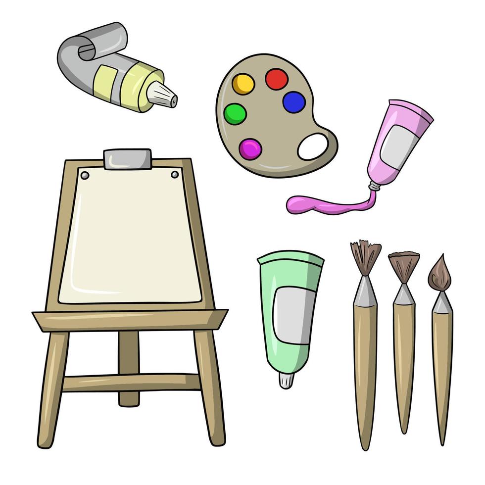 eine Reihe farbiger Symbole, Werkzeuge für visuelle Kreativität, Farbtuben, ein Pinsel und eine Staffelei, ein Vektor im Cartoon-Stil