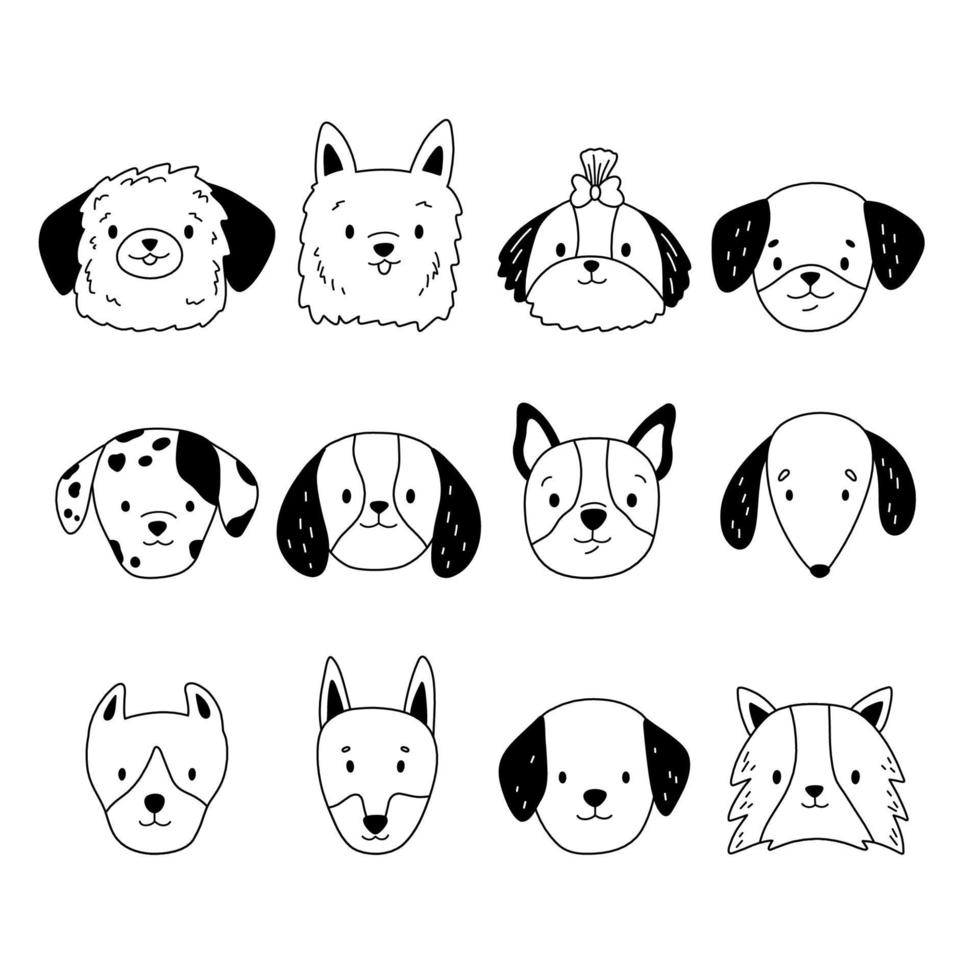doodle uppsättning hundar huvuden. tecknade husdjur. olika hundraser. handritade valp ansikten. svart och vit vektorillustration. vektor