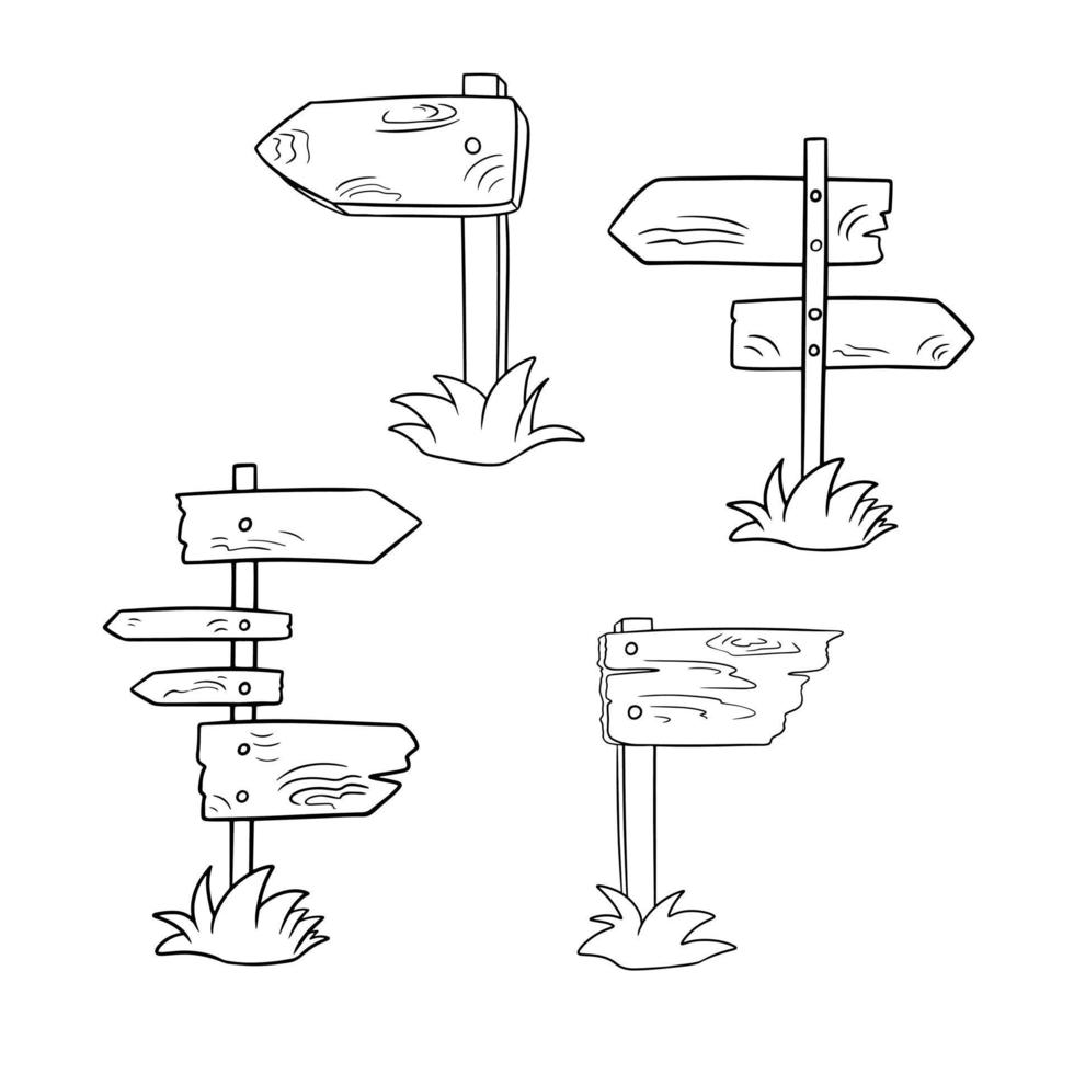 monokrom uppsättning av olika ikoner, en gammal träpekare som står på gräset, vektorillustration i tecknad stil på en vit bakgrund vektor