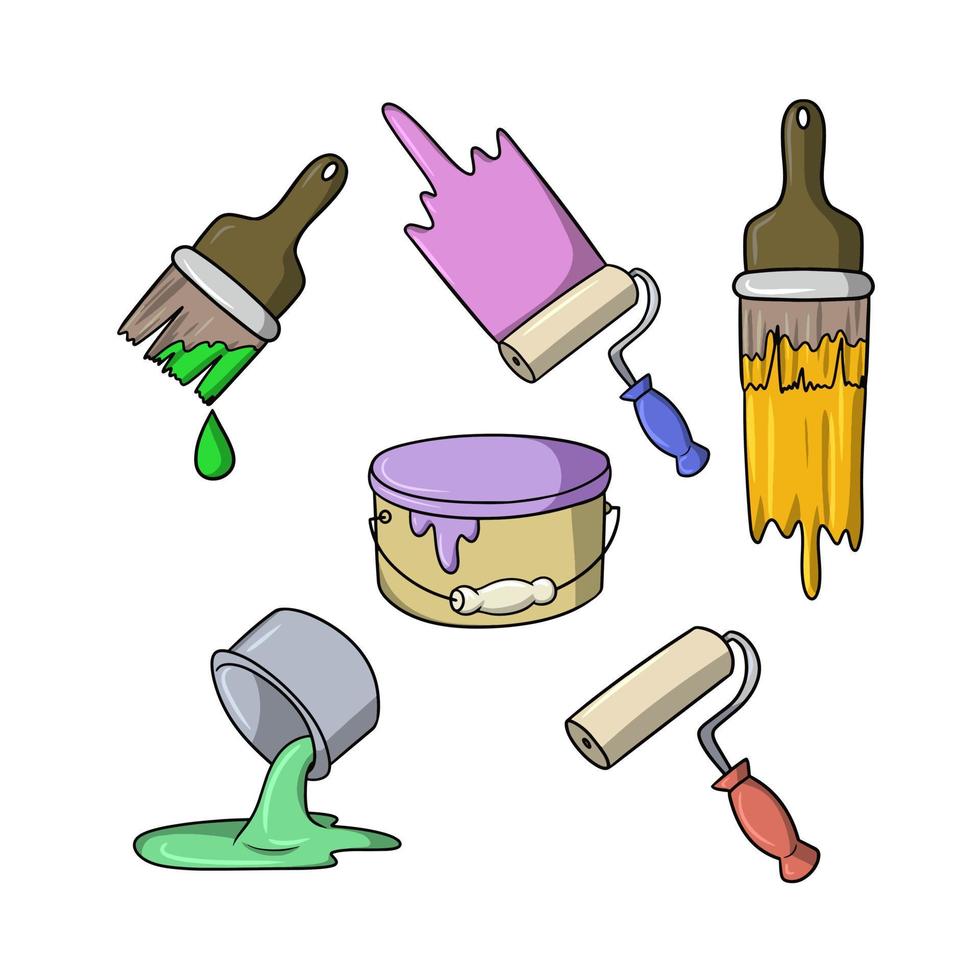 Eine Reihe von Symbolen, große Farbdosen, Pinsel und Farbrollen, Vektorillustration im Cartoon-Stil auf weißem Hintergrund vektor