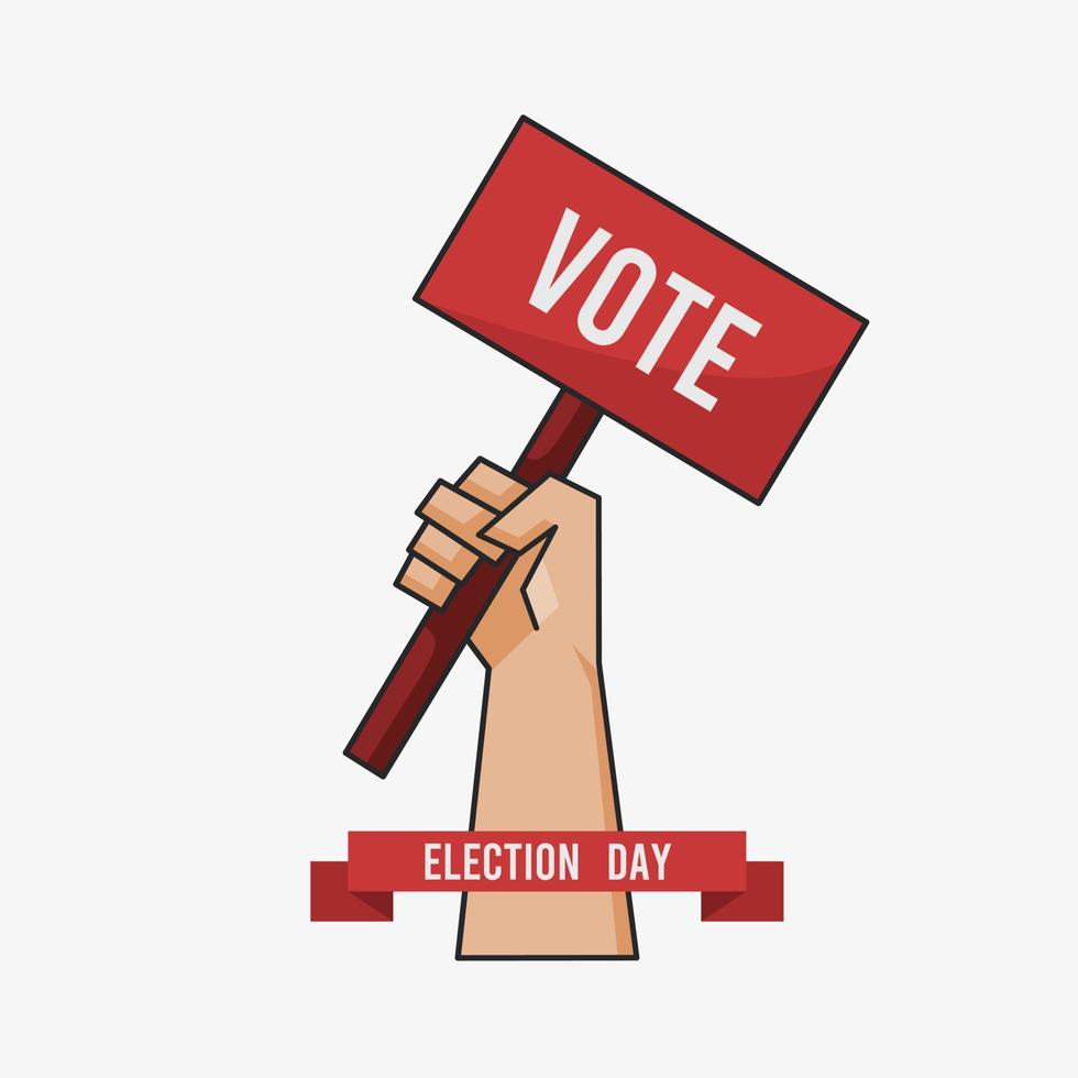 platt illustration av händer som håller en skylt som säger rösta på valdagen isolerad på en vit bakgrund vektor