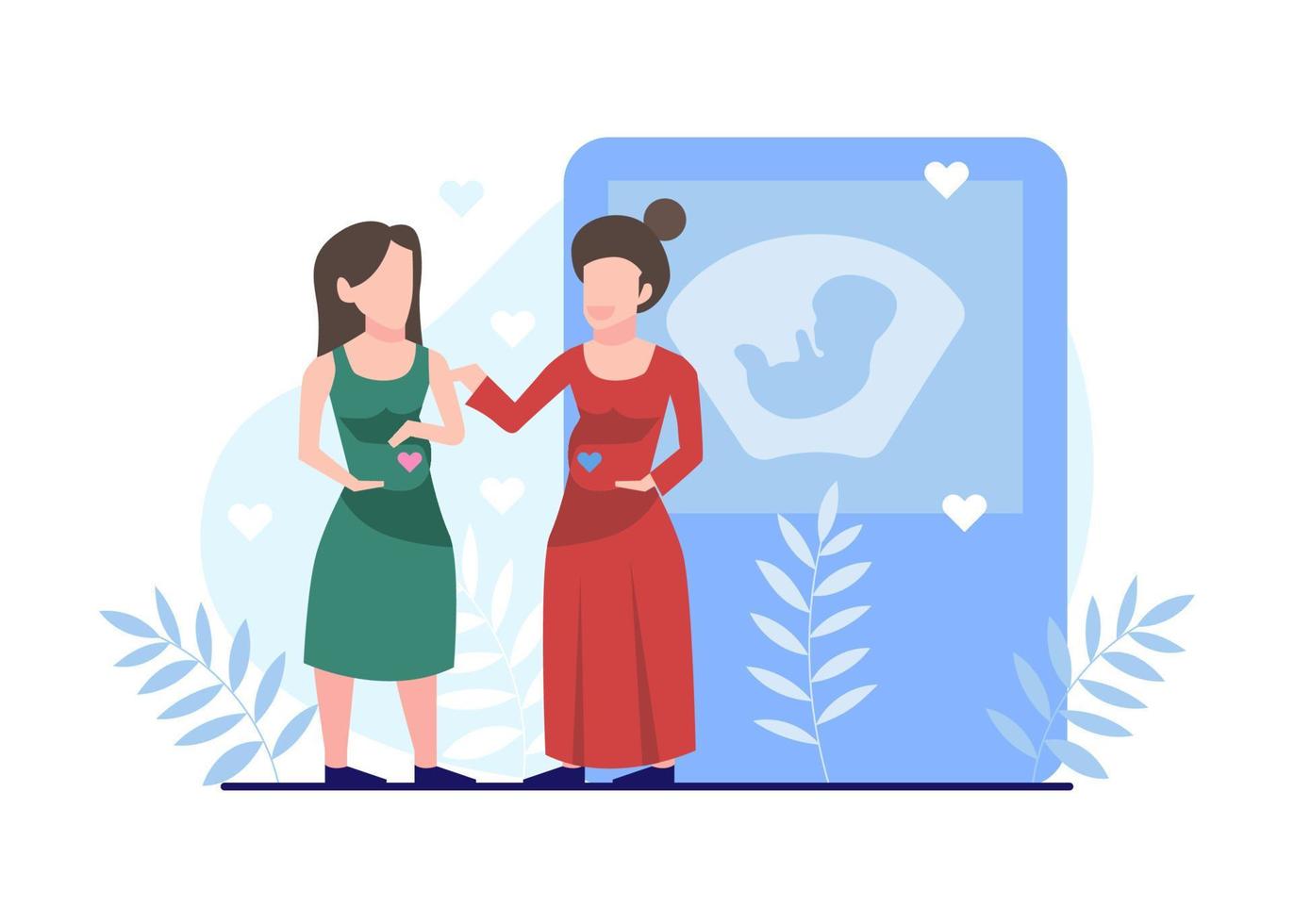 gravid kvinna, graviditet och moderskap platt illustration vektor isolerade. ett par lyckliga gravida kvinnor chattar med varandra mot en bakgrund av blommor.