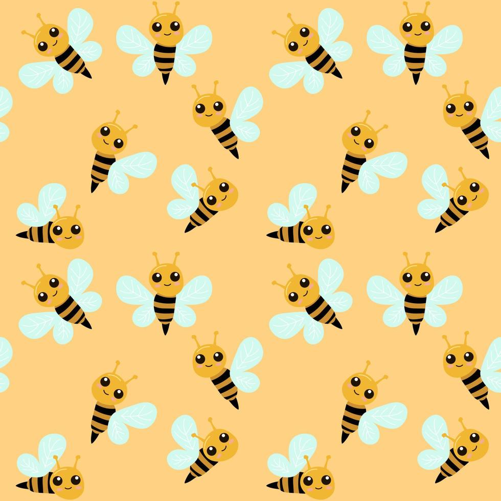eine kleine Biene auf gelbem Hintergrund. schönes nahtloses Muster mit Honigbienen. schöne Vektorillustration für Kinder. ideal für Kinderstoffe, Textilien, Verpackungen. vektor