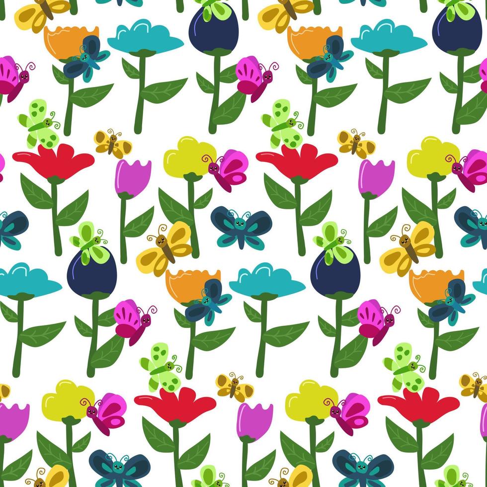 niedlicher Blumenhintergrund mit Schmetterlingen und Blumen im Cartoon-Stil, Kinderillustration. Muster, Hintergrund, Druck zum Bedrucken von Textilien, Geschenkverpackung. vektor