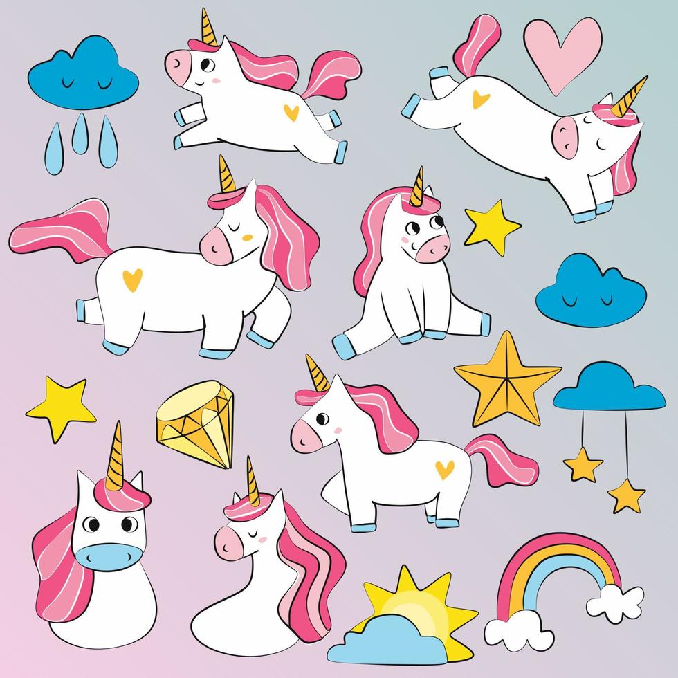 uppsättning av tecknade rosa enhörningar flickor mode skiss ikoner med snygg regnbåge, stjärnor, moln och andra detaljer. ett klistermärke med en enhörning och småpengar. vektor