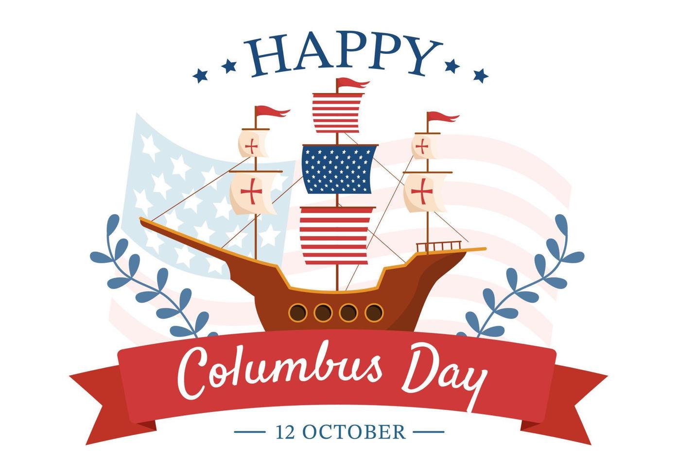 glad columbus day national holiday handritad tecknad illustration med blå vågor, kompass, fartyg och USA flaggor i platt stilbakgrund vektor