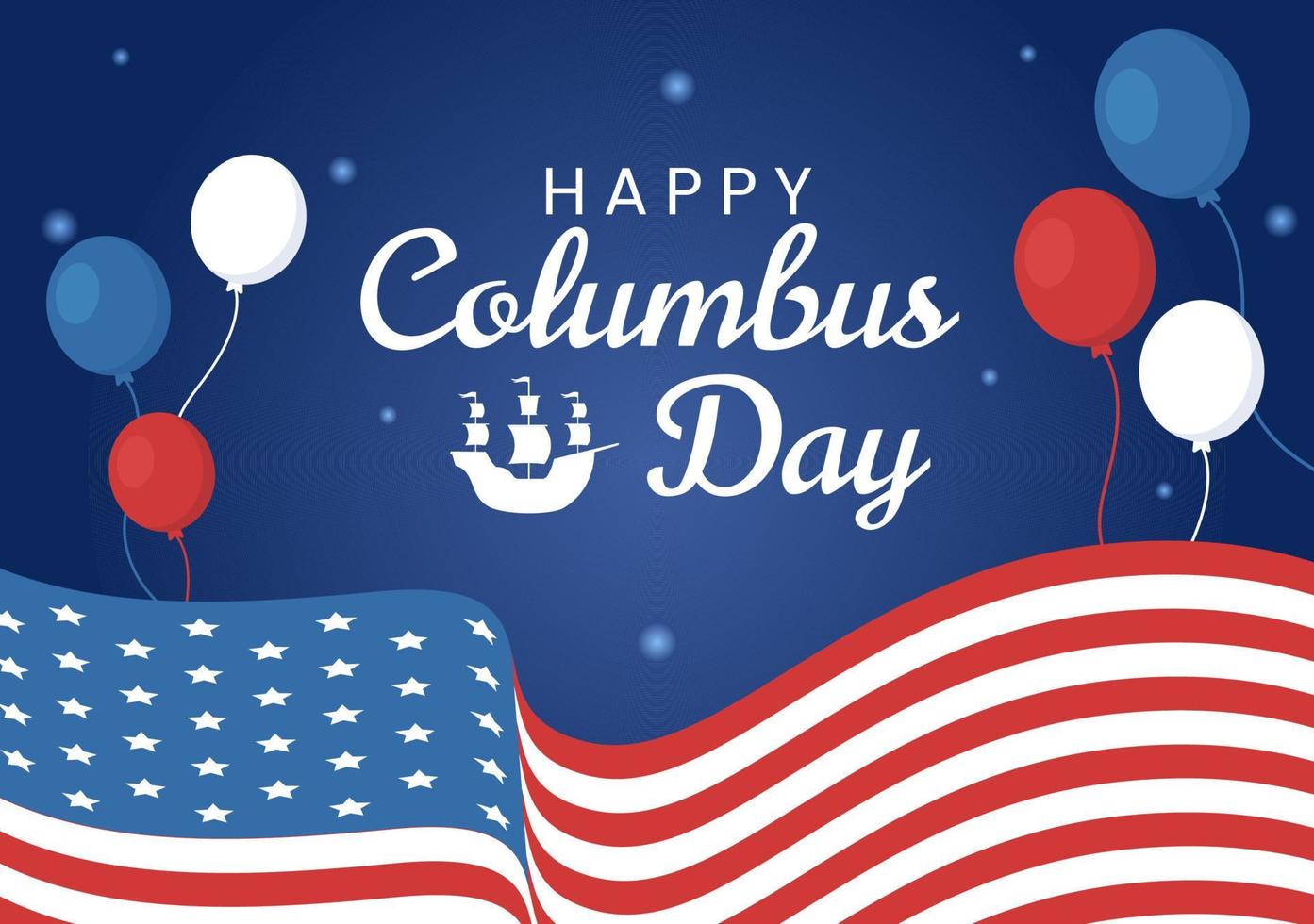 happy columbus day nationalfeiertag handgezeichnete karikaturillustration mit blauen wellen, kompass, schiff und usa-flaggen im flachen hintergrund vektor