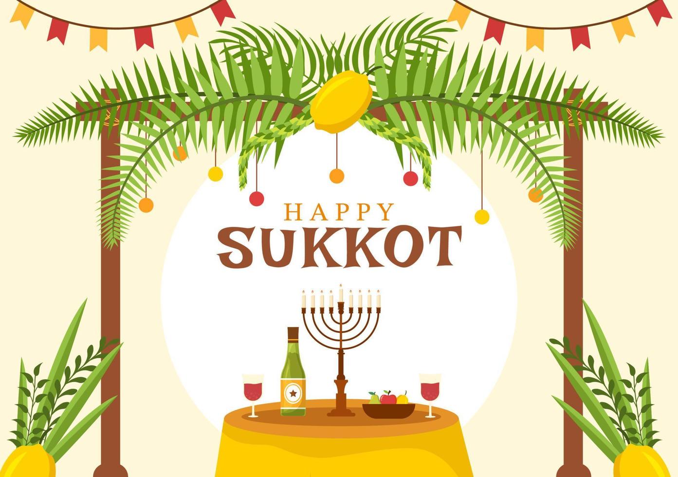 glücklicher jüdischer feiertag sukkot handgezeichnete flache illustration der karikatur mit sukkah, etrog, lulav, arava, hadas und dekorationshintergrunddesign vektor