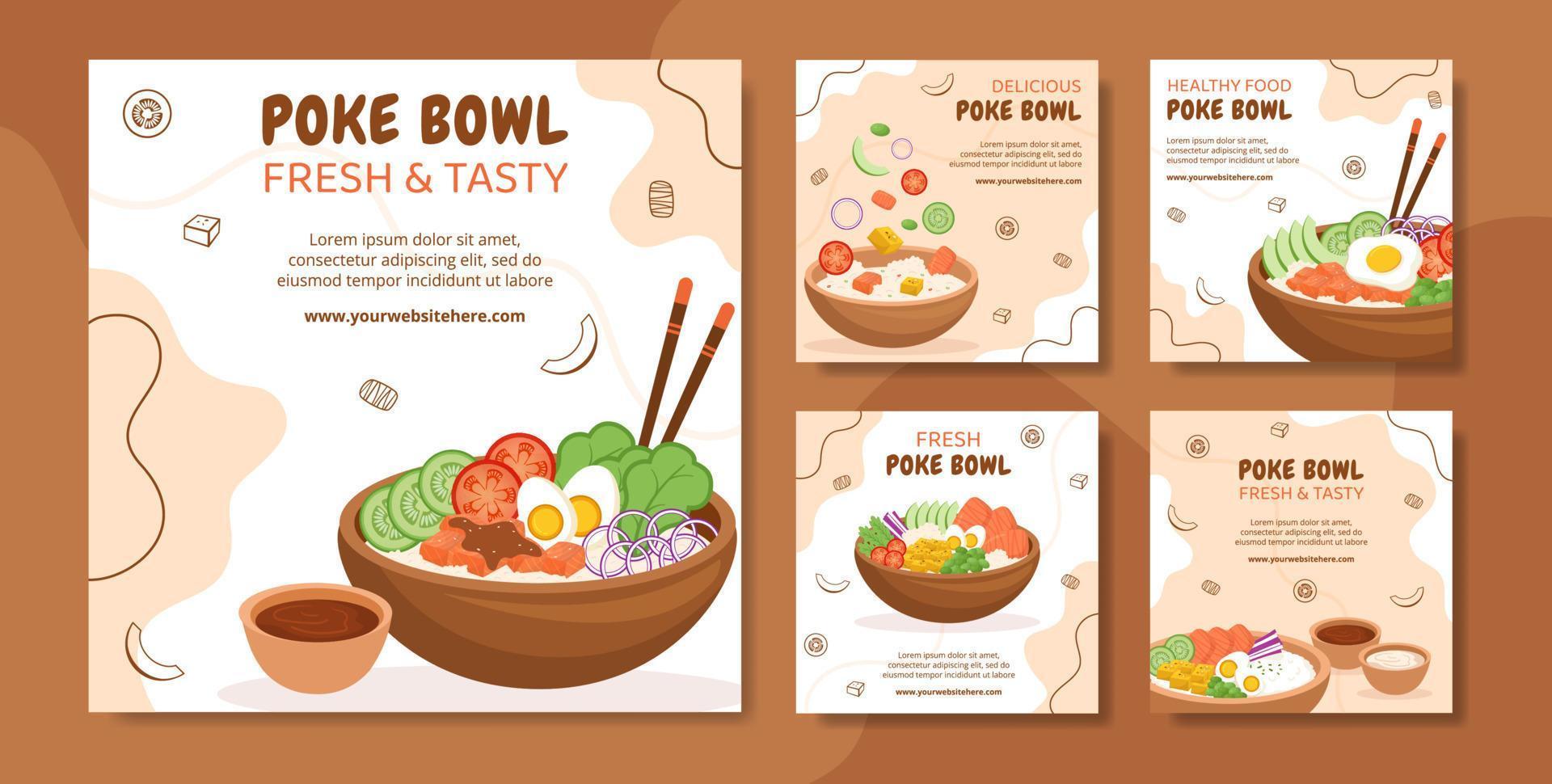 Poke Bowl Food Social Media Post Vorlage handgezeichnete Cartoon flache Illustration vektor