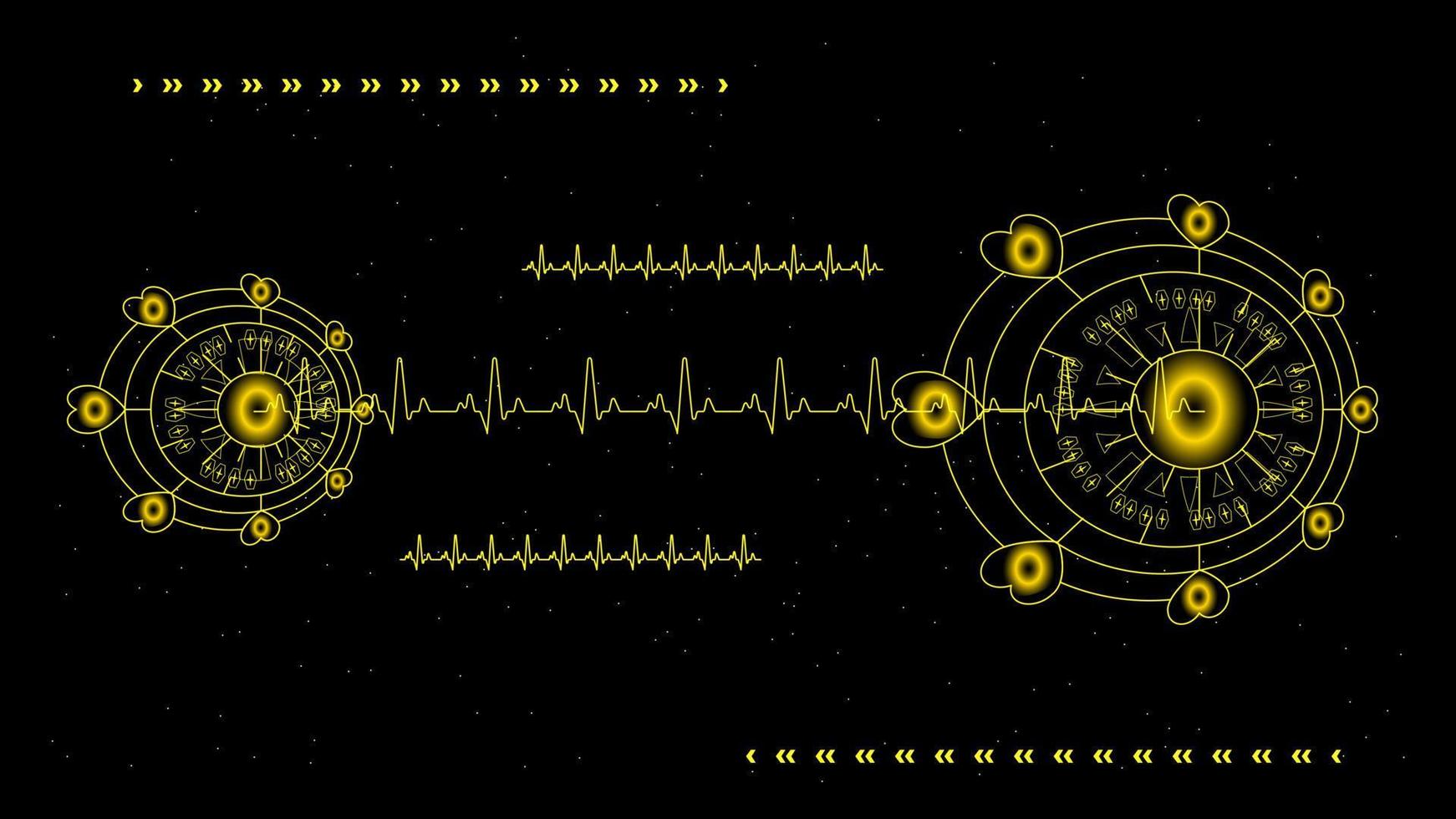 hjärtpuls eller ekg i monitor för ui hi-tec-gränssnitt svart och guld digital teknik med glödande partiklar, vektorillustration. vektor