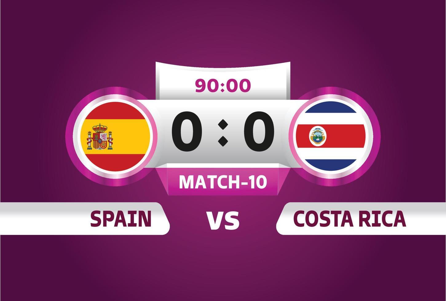 Spanien vs Costarica, fotboll 2022, grupp e. världsmästerskapsmatch i fotbollstävling kontra lagintrosportbakgrund, finalaffisch för mästerskapstävling, vektorillustration. vektor