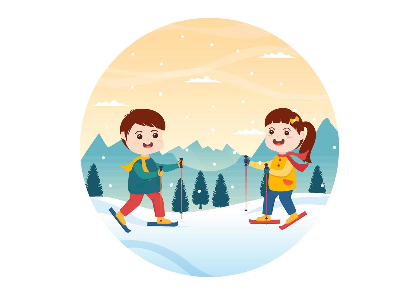 Snowboard handgezeichnete Cartoon-Flachillustration von Kindern im Winteroutfit, die mit Snowboards an schneebedeckten Berghängen oder Hängen rutschen und springen vektor