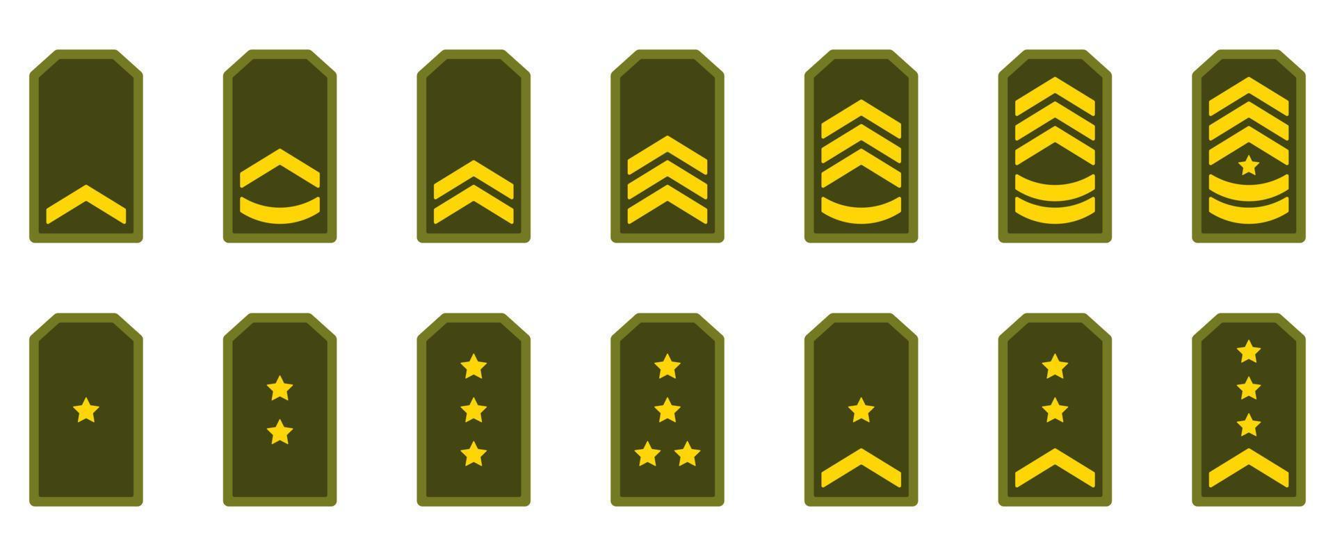 Militärabzeichen grünes Symbol. Armee-Rang-Symbol. Chevron gelbes Stern- und Streifenlogo. Soldat Sergeant, Major, Offizier, General, Leutnant, Oberst Emblem. isolierte Vektorillustration. vektor