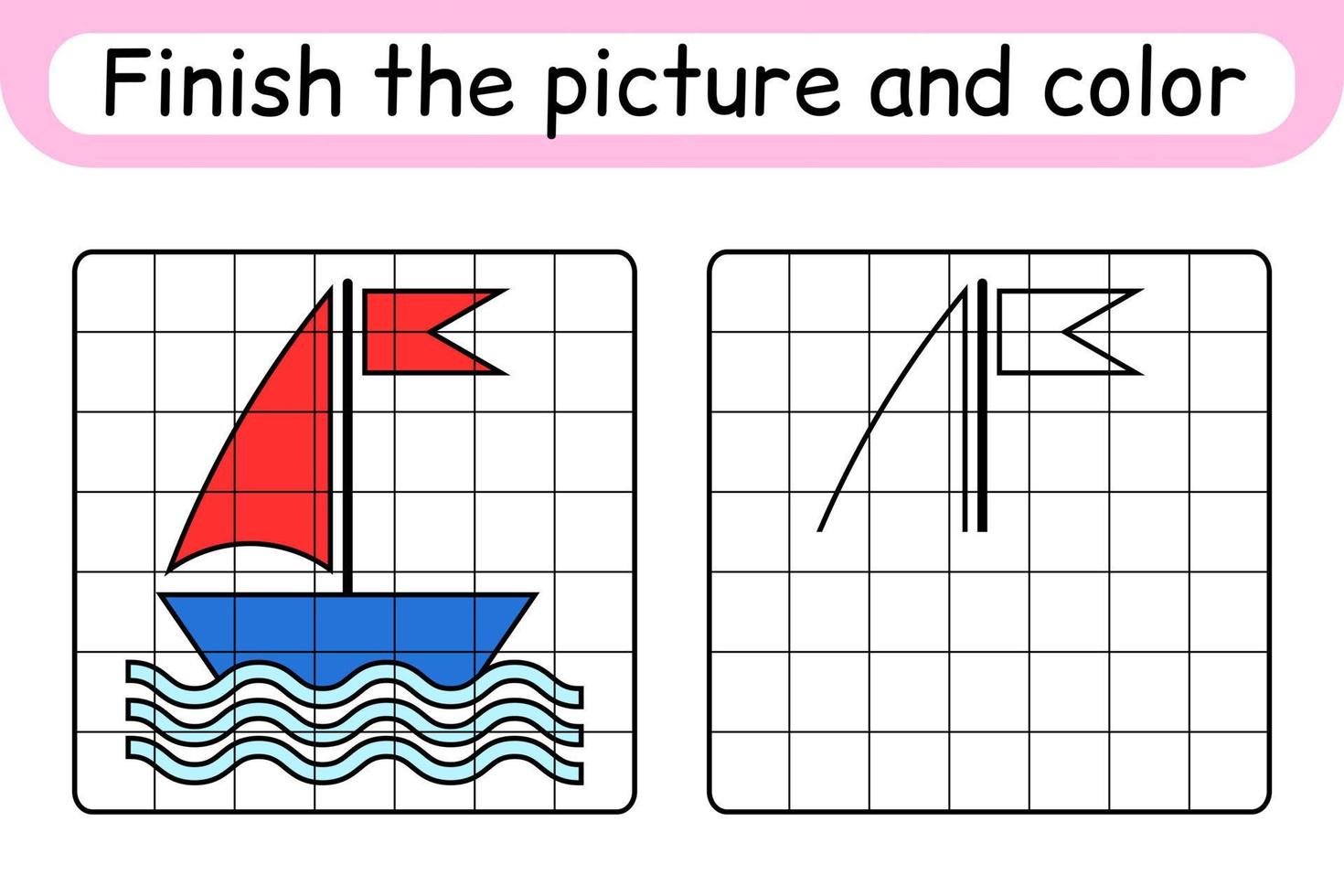 färdigställ bildskeppet. kopiera bilden och färgen. avsluta bilden. målarbok. pedagogiskt ritövningsspel för barn vektor