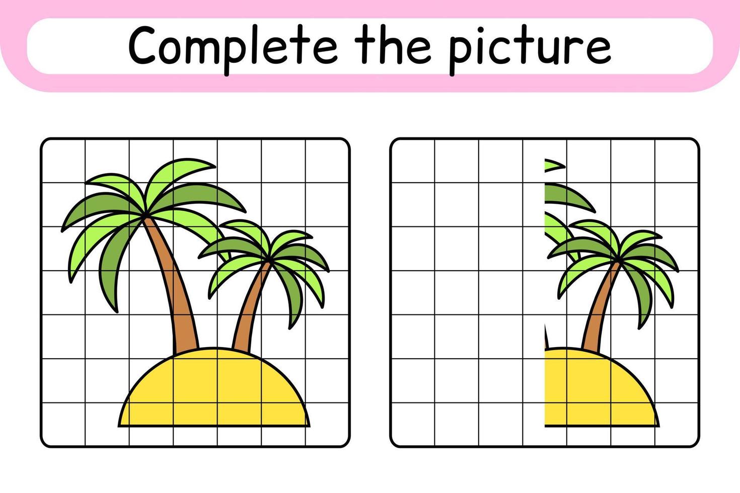 Vervollständigen Sie das Bild Palme. Kopieren Sie das Bild und die Farbe. beende das Bild. Malbuch. pädagogisches Zeichenübungsspiel für Kinder vektor