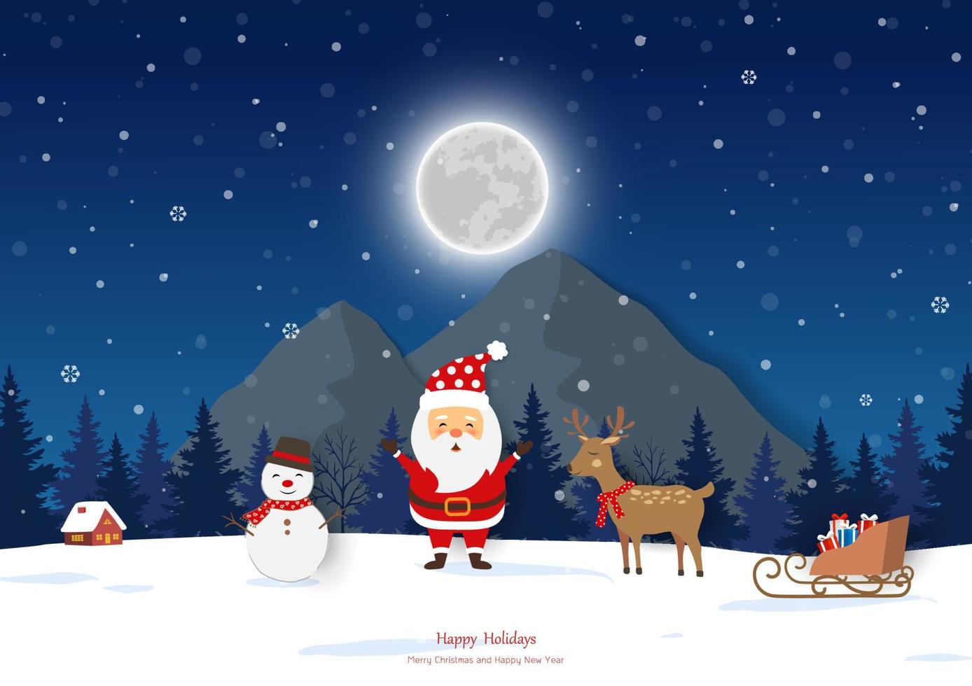 Nachtszenen-Landschaftshintergrund mit dem Weihnachtsmann, der im Winter glücklich ist vektor