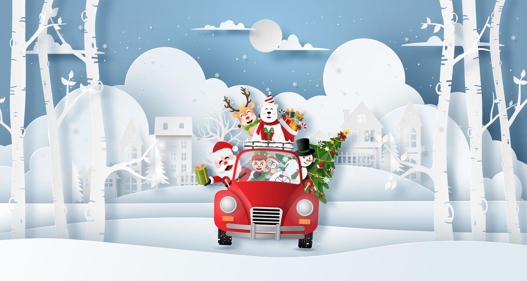 Weihnachtsfreunde mit Santa im Auto, die Weihnachtsdorf erkunden vektor