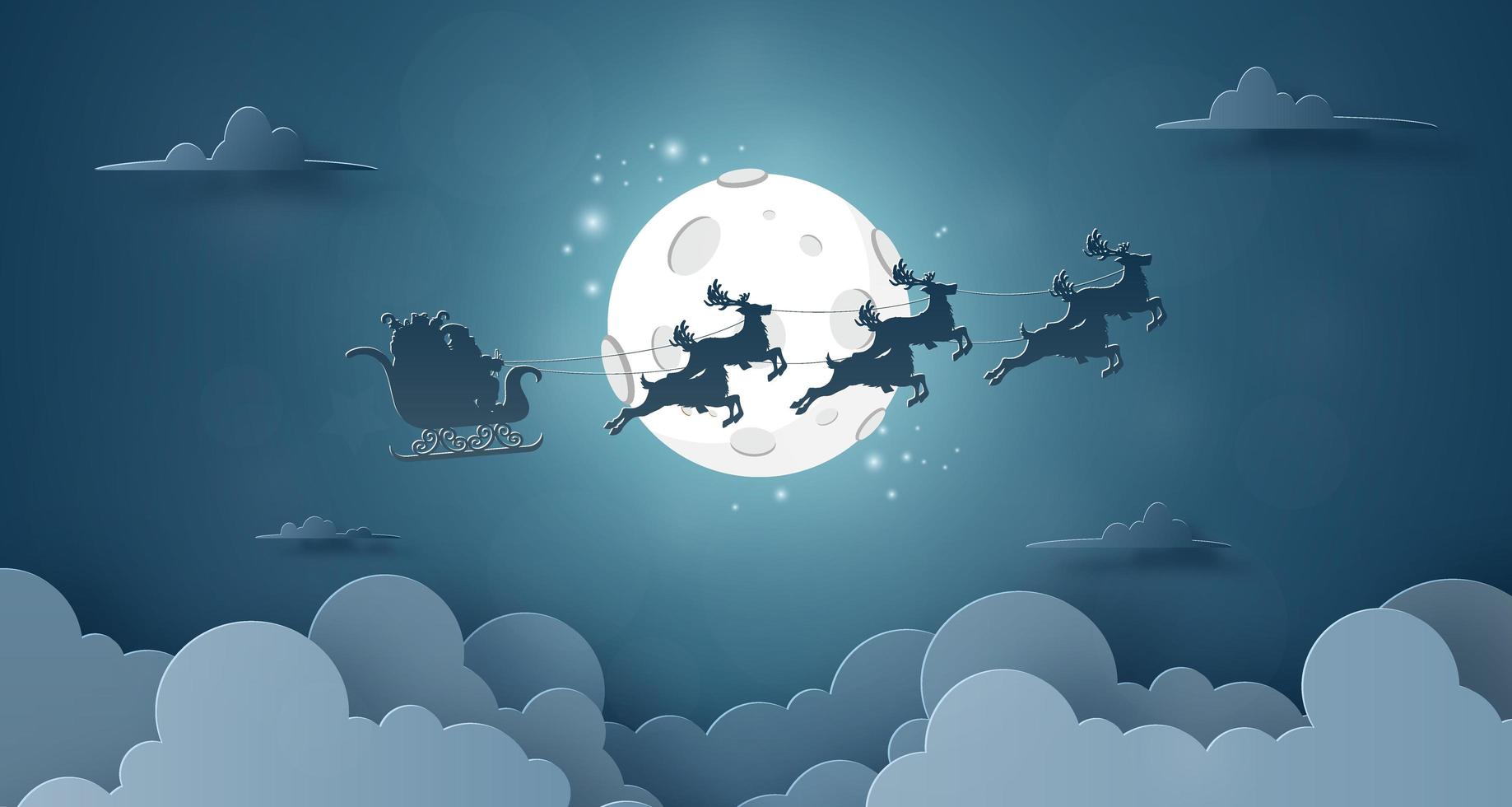Weihnachtsmann und Rentier fliegen auf dem Himmel mit Vollmond Nachthimmel Hintergrund vektor
