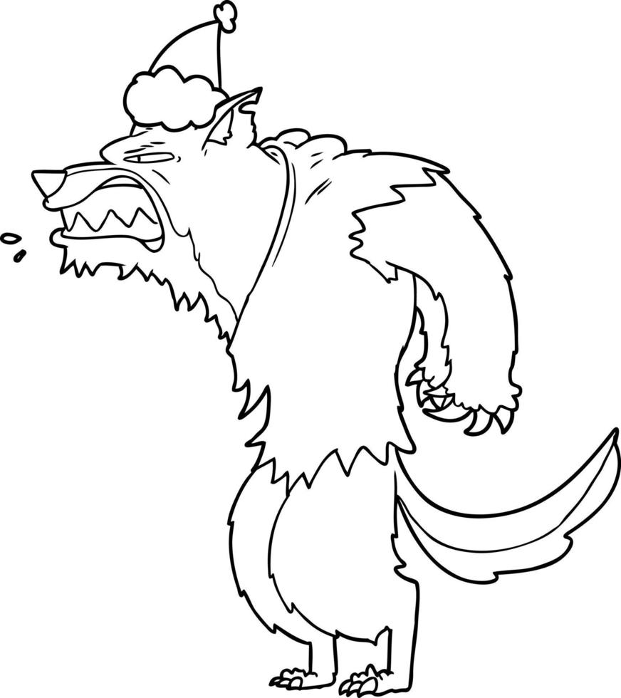 Wütende Werwolf-Strichzeichnung einer tragenden Weihnachtsmütze vektor