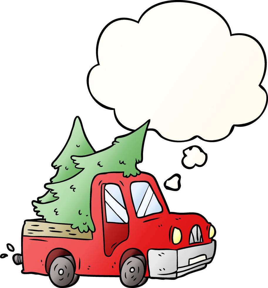 tecknad pickup lastbil som transporterar träd och tankebubbla i jämn gradientstil vektor