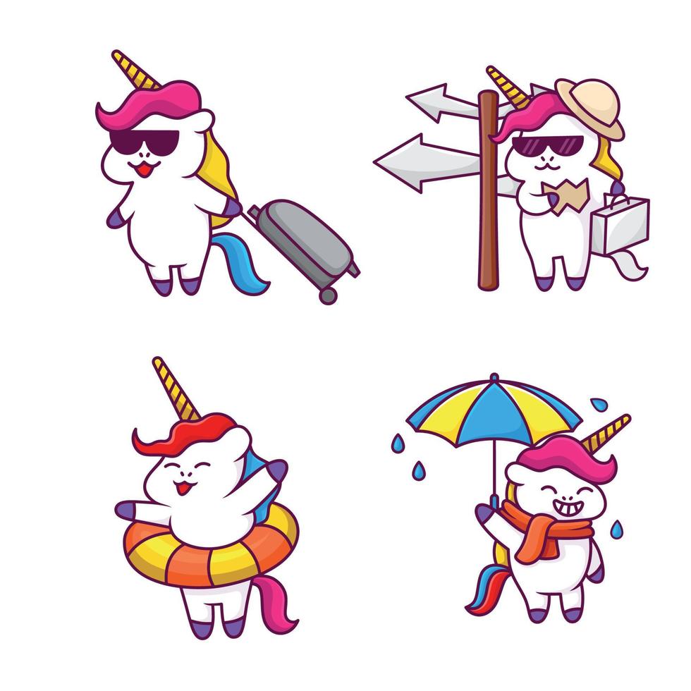 reisende karikaturillustration des netten einhorns, kawaii einhorn. Fantasietier vektor