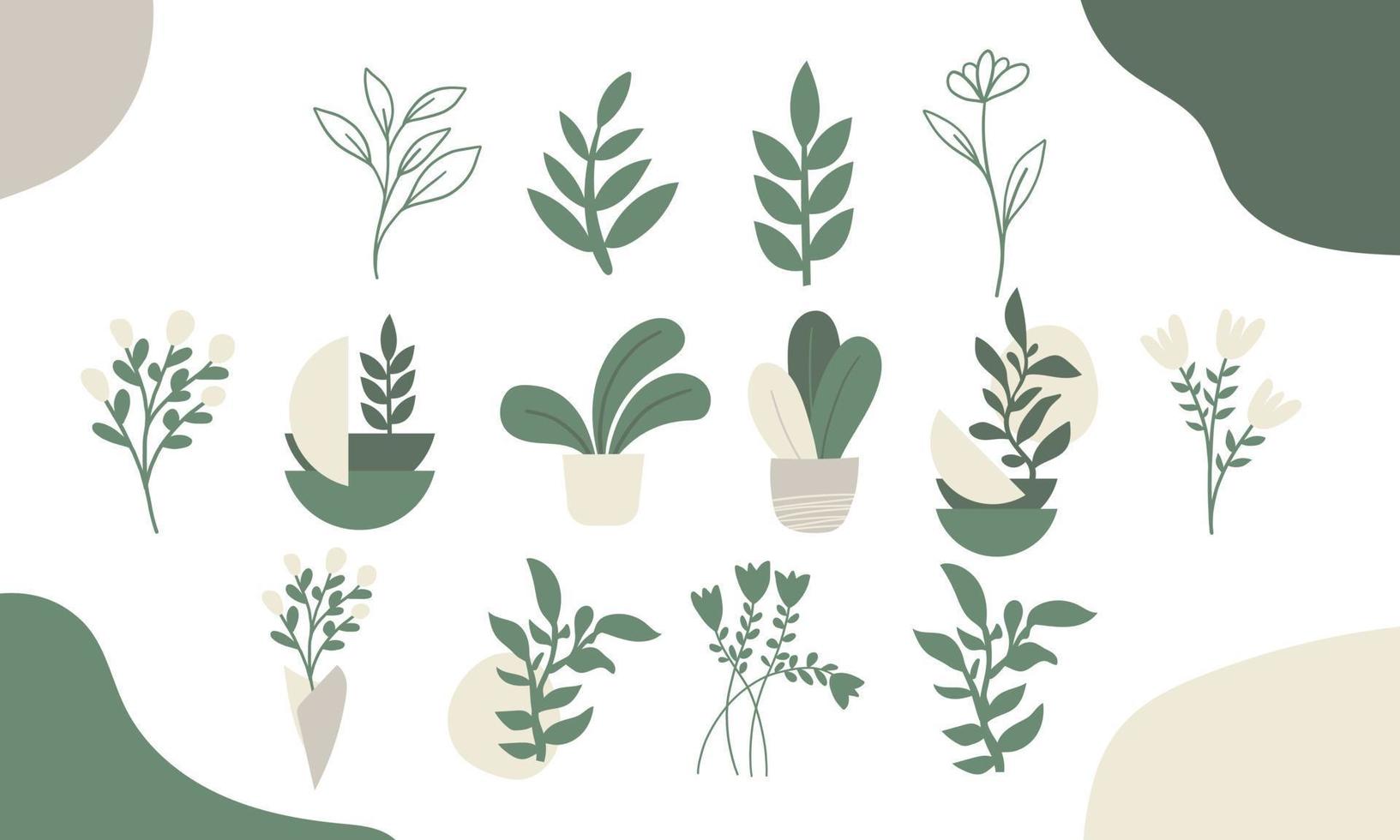 Reihe von abstrakten Pflanzen. hand gezeichneter farbiger vektorsatz. bunte modische illustration des blumenmusters vektor