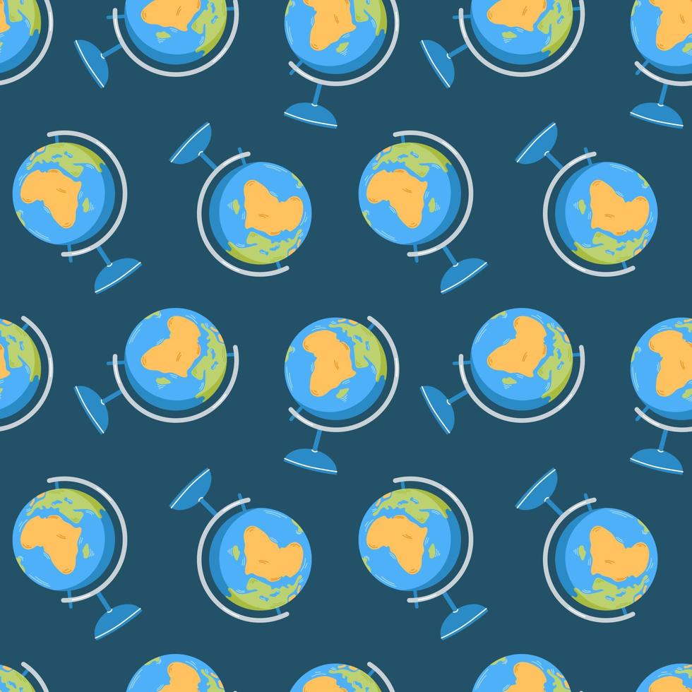 Vektor Musterdesign mit Globus. Schulversorgung. Globus des Planeten Erde mit Weltkarte. zurück zur Schule.