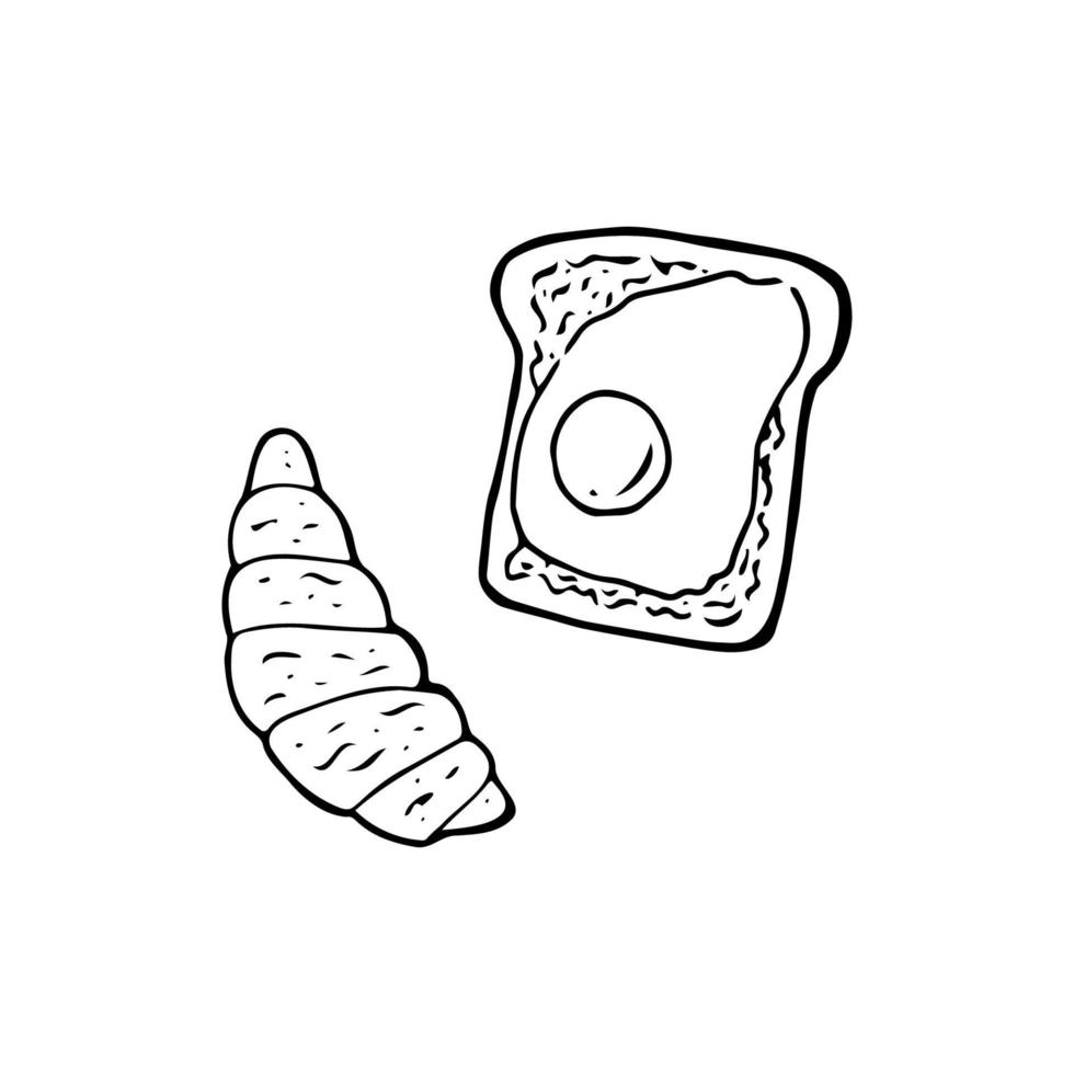 handritad doodle avokado toast med ägg och croissant. frukost. vektor