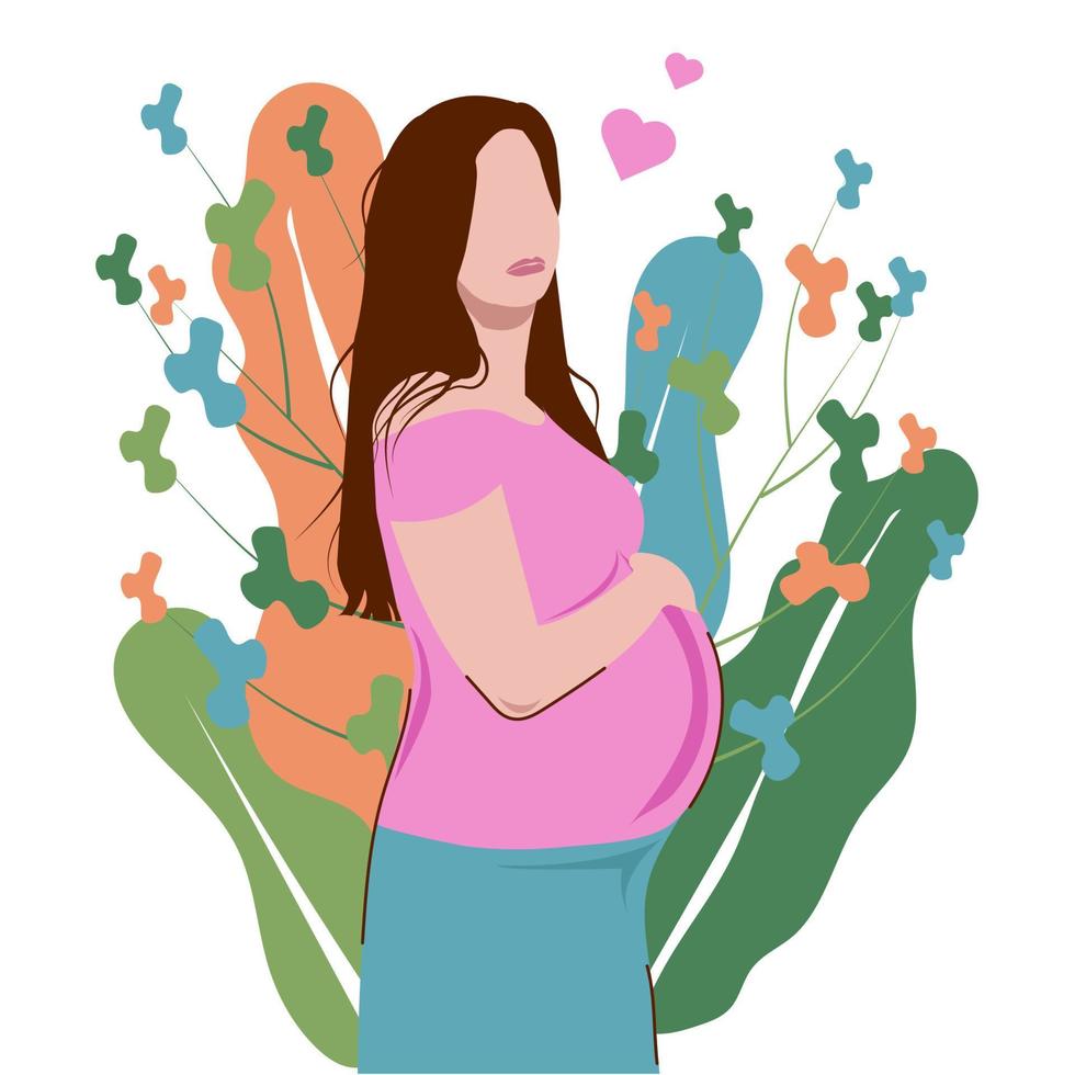 gravid kvinna, blivande mamma, står i naturen och kramar mage med armar. platt vektorillustration. vektor