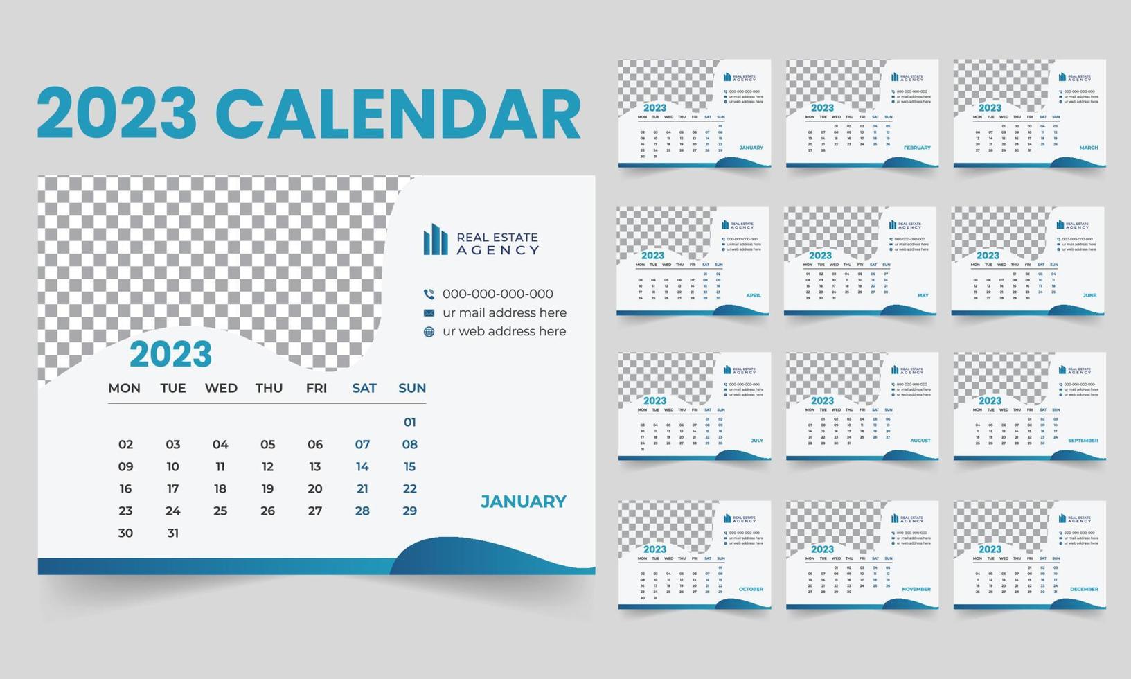 neues jahr modernes schreibtischkalender-vorlagendesign 2023 woche beginnt am montag vektor
