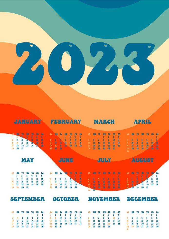 kalender 2023 retro groovy tapet. vertikalt ett ark med alla månader. veckan börjar på söndag. a4 a3 a2 a5. vektor illustration i trendig stil i pastellfärger. minimalistisk design.