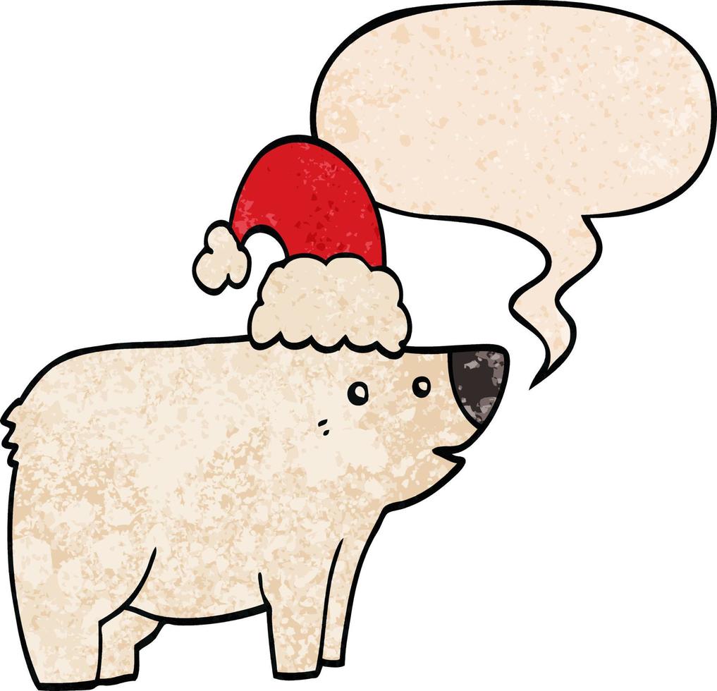 Cartoon-Bär mit Weihnachtsmütze und Sprechblase im Retro-Textur-Stil vektor