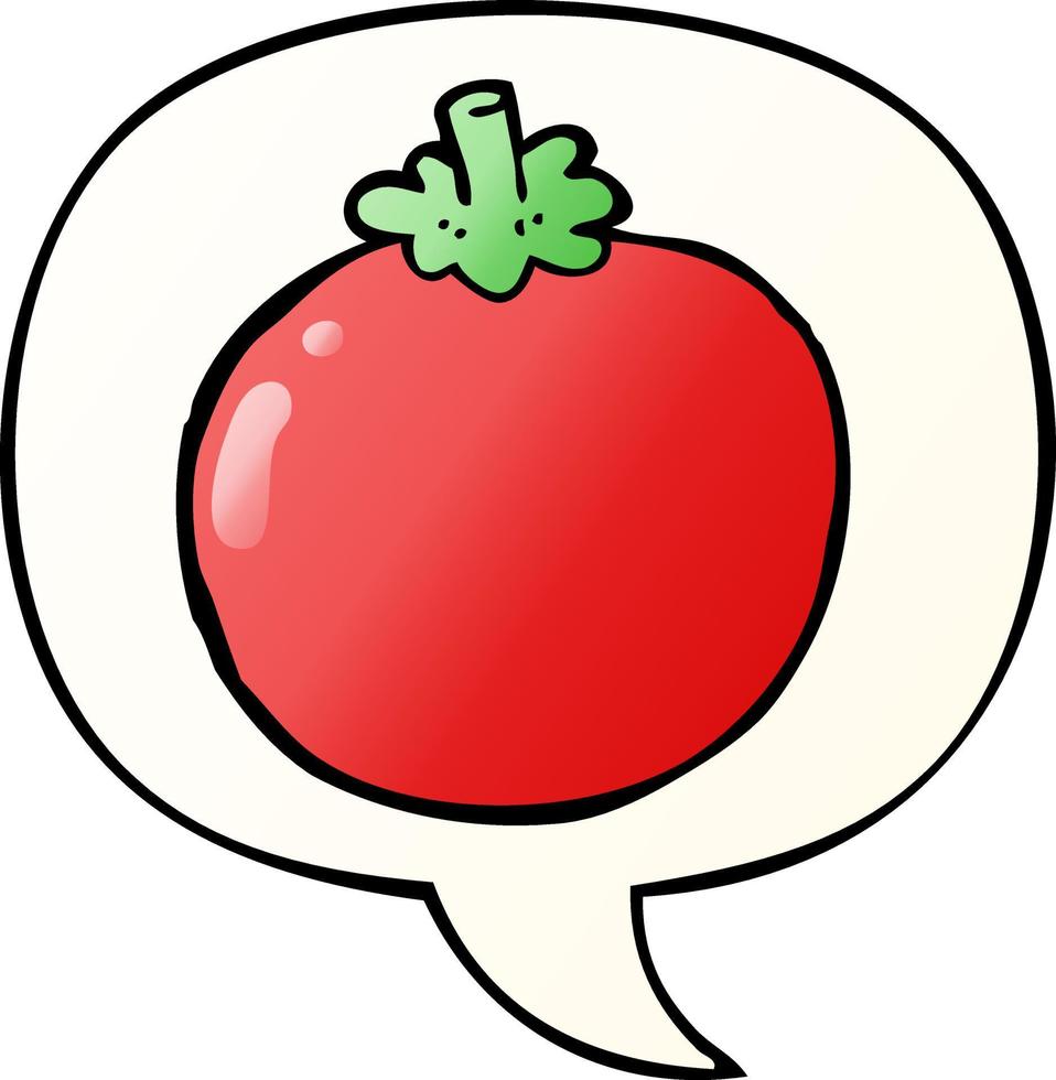 Cartoon-Tomate und Sprechblase in glattem Farbverlauf vektor
