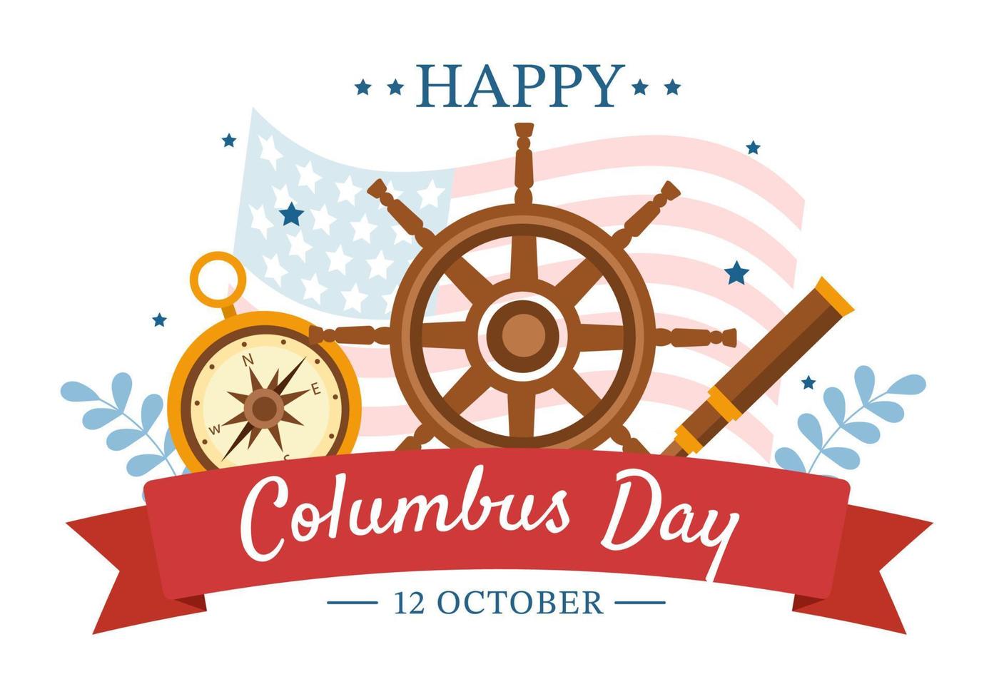 happy columbus day nationalfeiertag handgezeichnete karikaturillustration mit blauen wellen, kompass, schiff und usa-flaggen im flachen hintergrund vektor