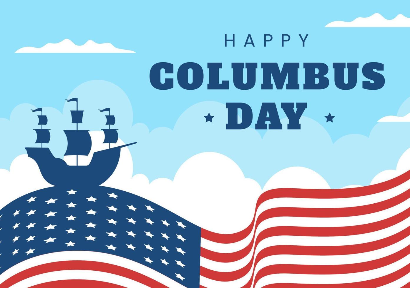 happy columbus day nationalfeiertag handgezeichnete karikaturillustration mit blauen wellen, kompass, schiff und usa-flaggen im flachen hintergrund vektor