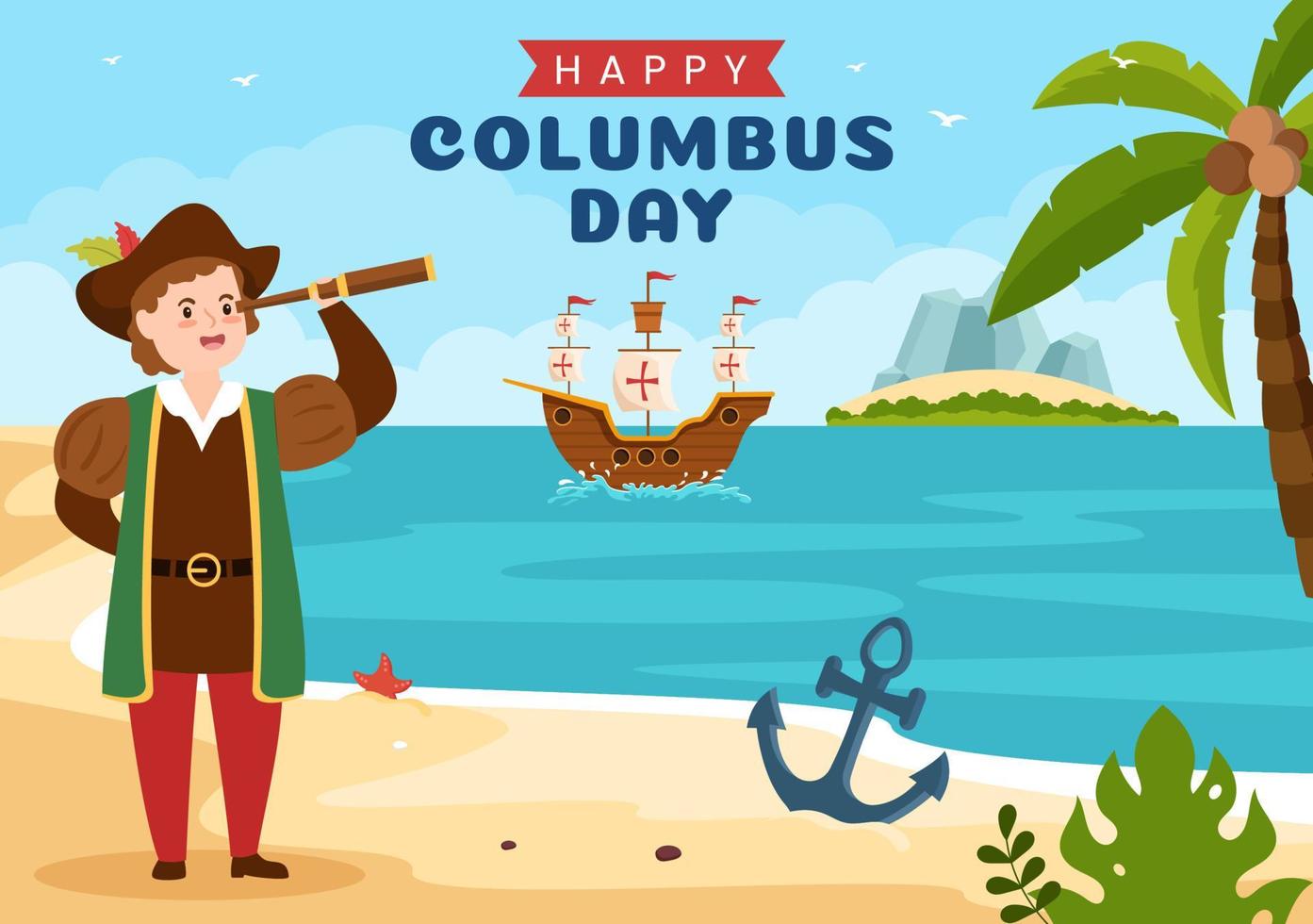 glad columbus day national holiday handritad tecknad illustration med blå vågor, kompass, fartyg och USA flaggor i platt stilbakgrund vektor