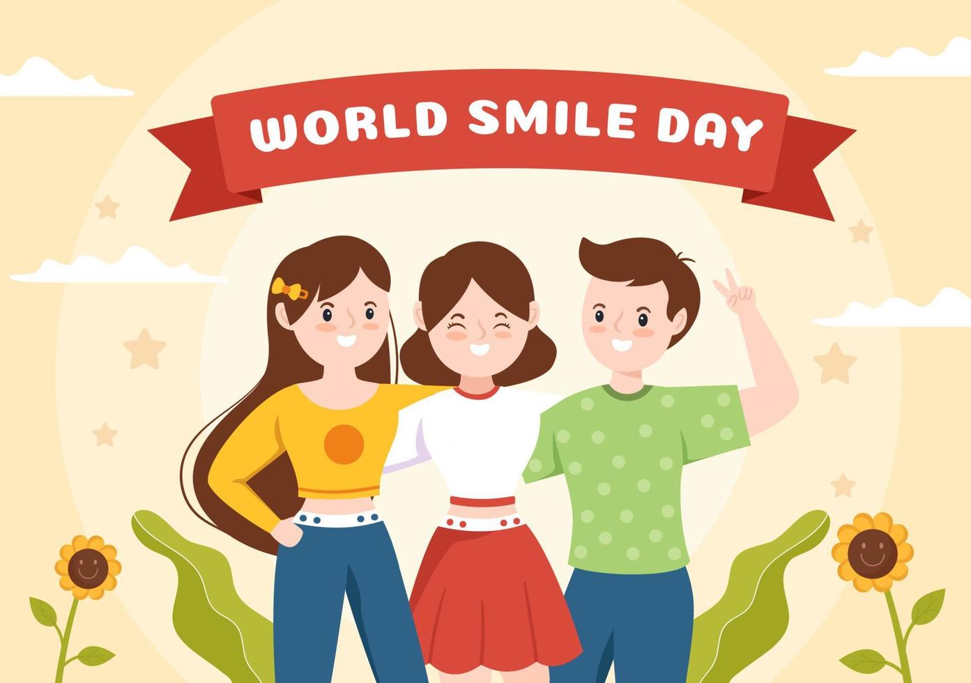 världen leende dag handritad tecknad illustration med leende ungdom och lycka ansikte i platt stil bakgrund vektor