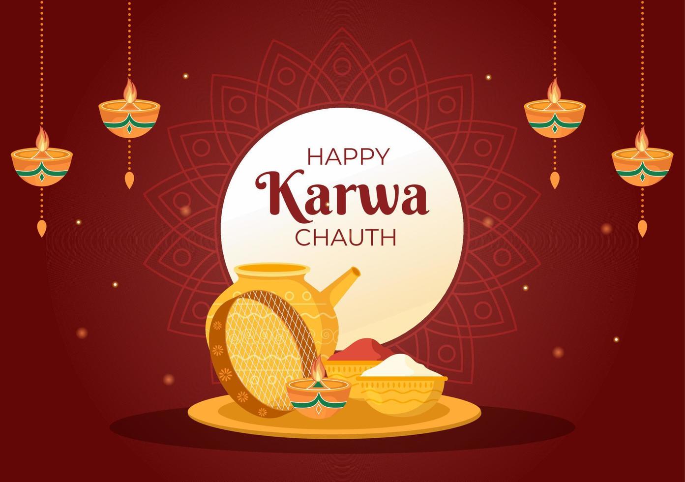 karwa chauth festival handritad platt tecknad illustration för att starta nymånen genom att se månuppgången i november från fruar till sina män vektor