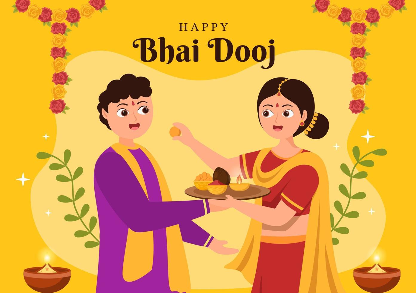 glückliche bhai dooj indische festivalfeier handgezeichnete karikaturillustration von schwestern beten für den schutz der brüder mit einem punkt auf seiner stirn vektor