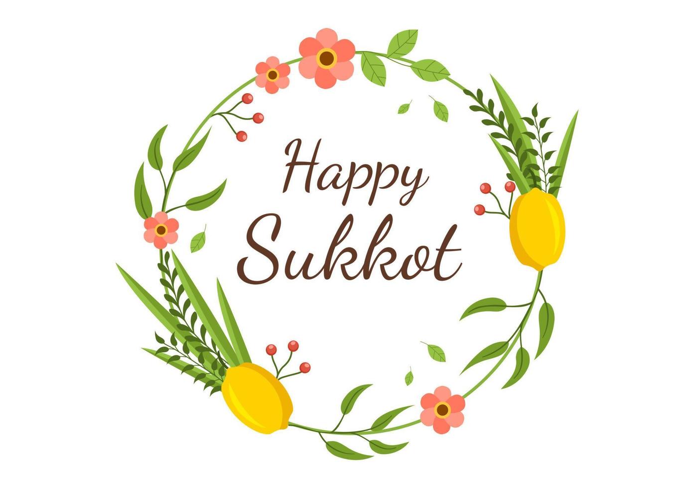 glücklicher jüdischer feiertag sukkot handgezeichnete flache illustration der karikatur mit sukkah, etrog, lulav, arava, hadas und dekorationshintergrunddesign vektor