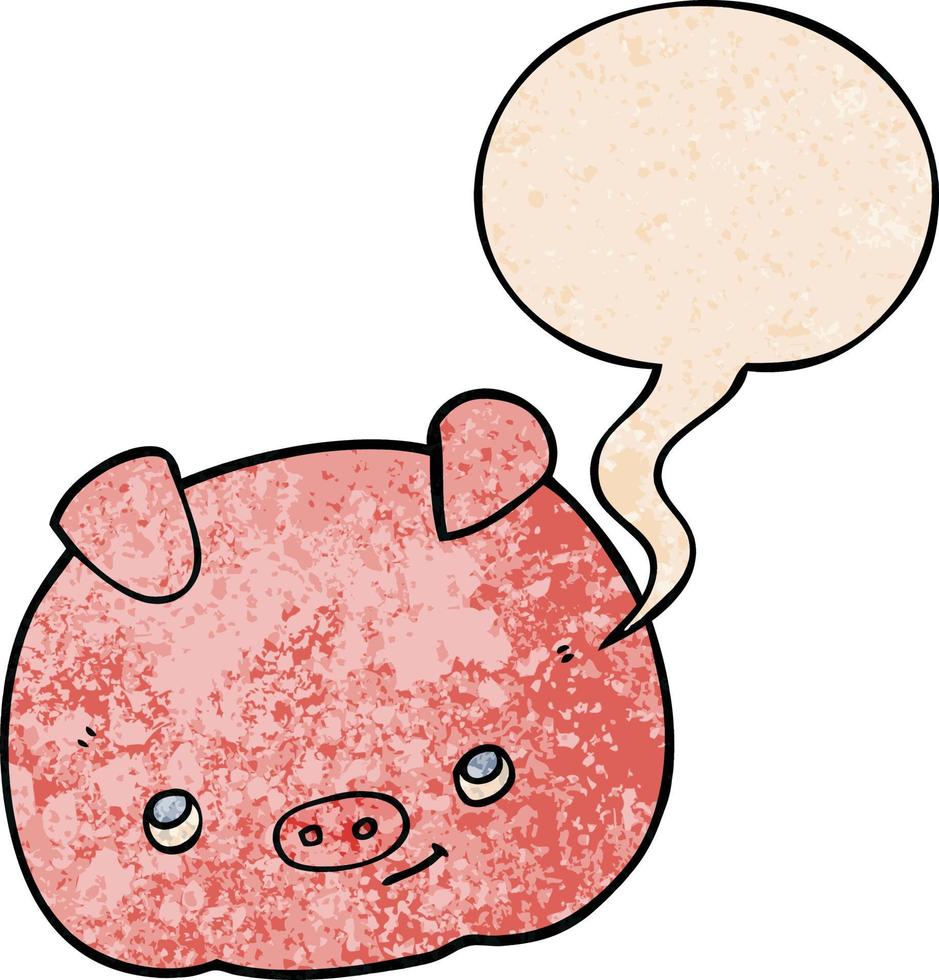Cartoon glückliches Schwein und Sprechblase im Retro-Textur-Stil vektor