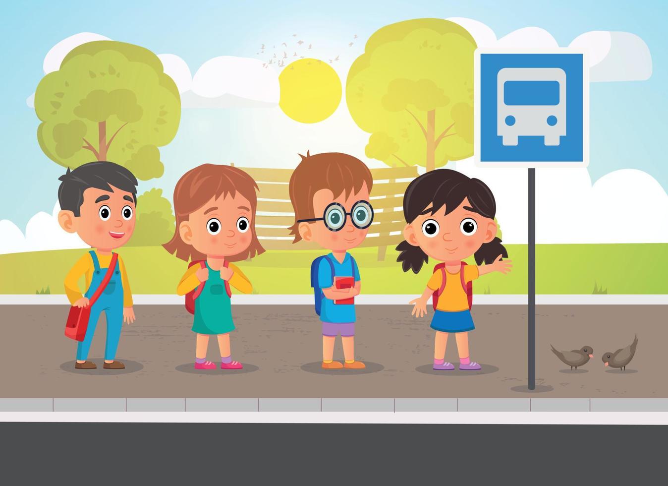 en vektorillustration av skolbarn med skolmaterial som väntar vid en busshållplats vektor
