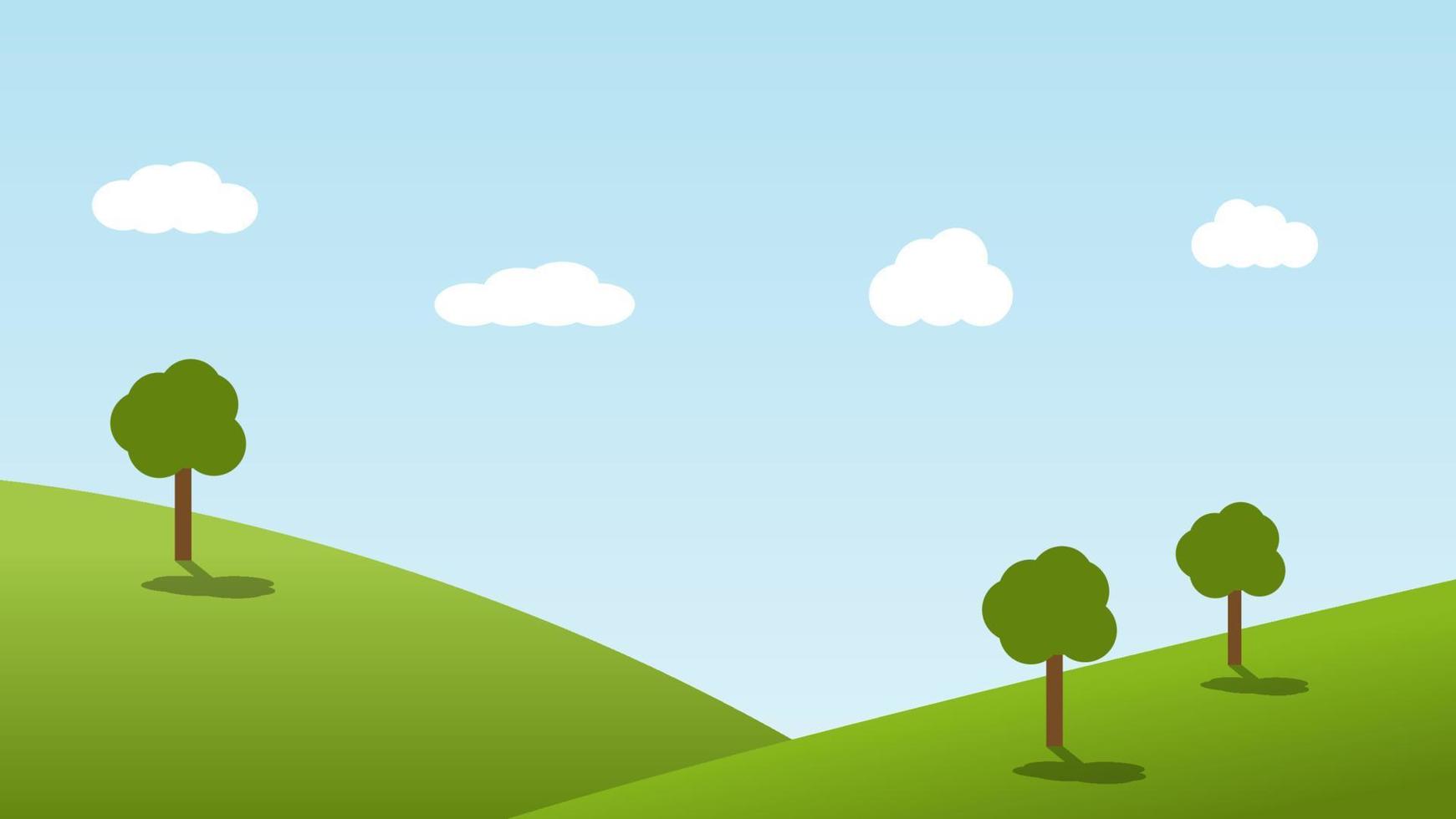 landskap tecknad scen med gröna träd på kullar och sommar blå himmel bakgrund vektor