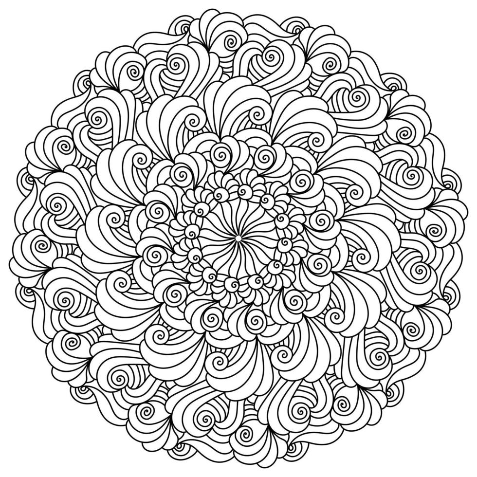 konturmandala med många lockar och vändningar, symmetrisk målarbok med utsmyckade zen-motiv vektor