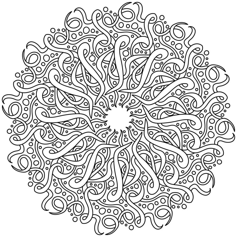 Kontur-Mandala mit verschlungenen Locken und Kreisen unterschiedlicher Größe, verzierte Schleifen in Zen-Farbseite vektor