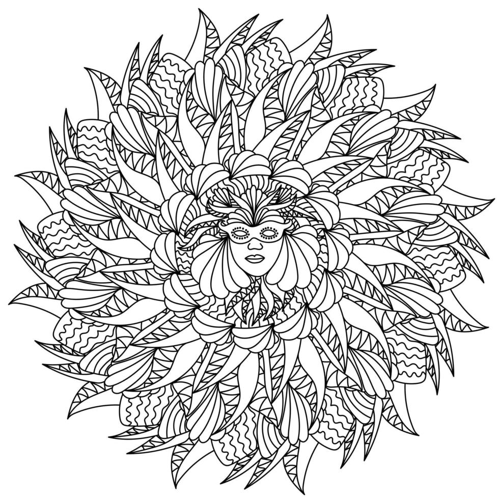 mardi gras mandala, ett ansikte i en karnevalsmask i mitten av en rund mask med utsmyckade mönster vektor