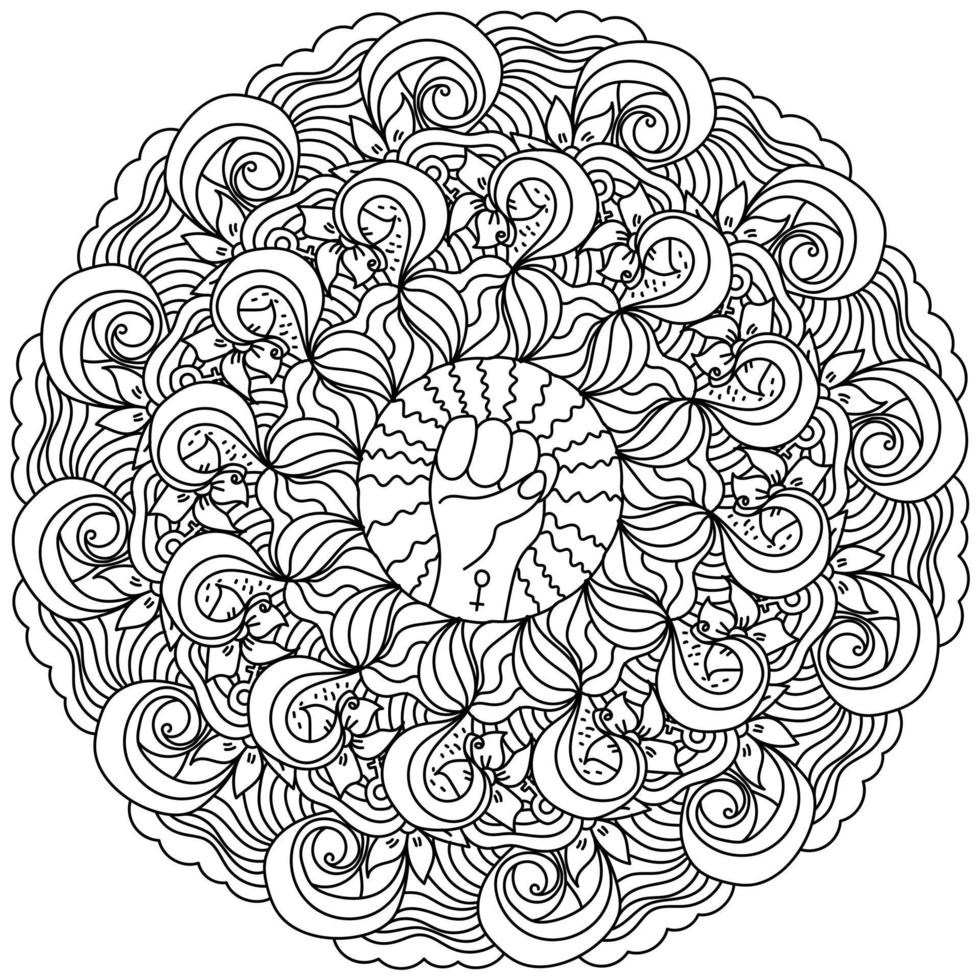 girl power mandala, knuten näve med kvinnlig symbol och målarbok i form av en rund utsmyckad ram med mönster och lockar vektor