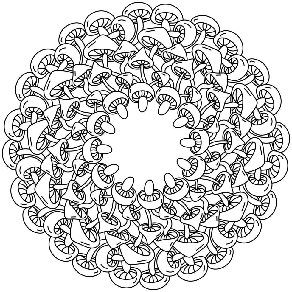 Pilz-Mandala, Malseite in Form eines runden Pilzrahmens mit dicken Kappen vektor